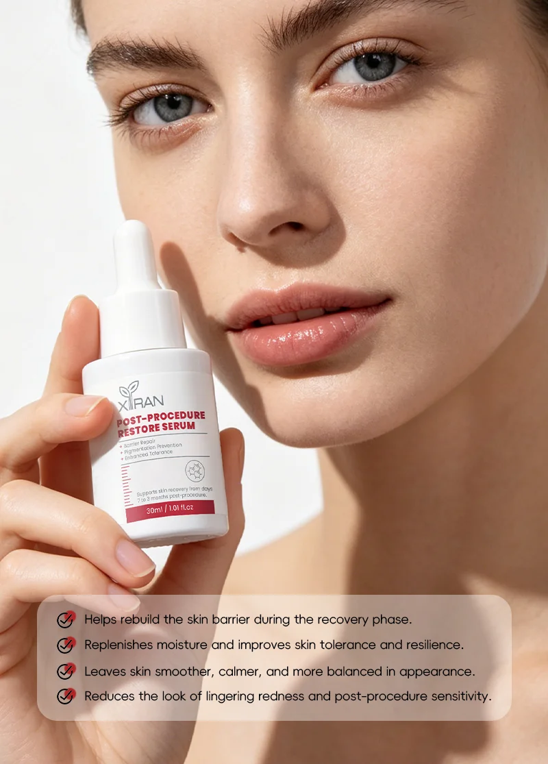 Closeup of a model's face holding a bottle of post-procedure restore serum with product benefits listed in text overlay.